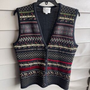 Vtg Susan Bristol Sweater Vest S Floral Christmas Hand Embroidered Wool Granny